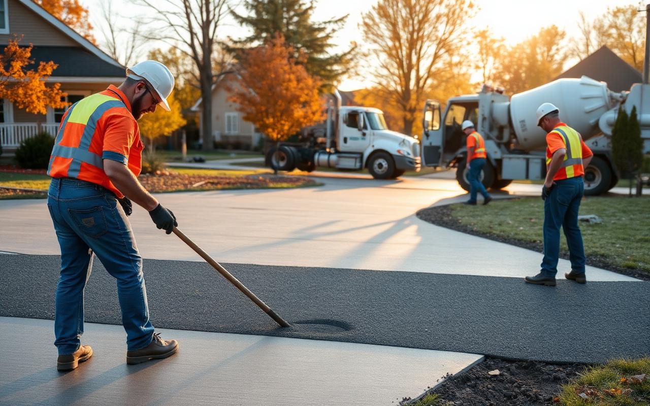 Local concrete company crew pouring a driveway in Janesville Wisconsin