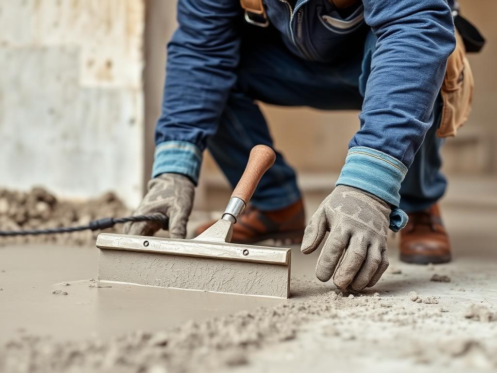 Concrete contractor finishing fresh cement with trowel in Janesville
